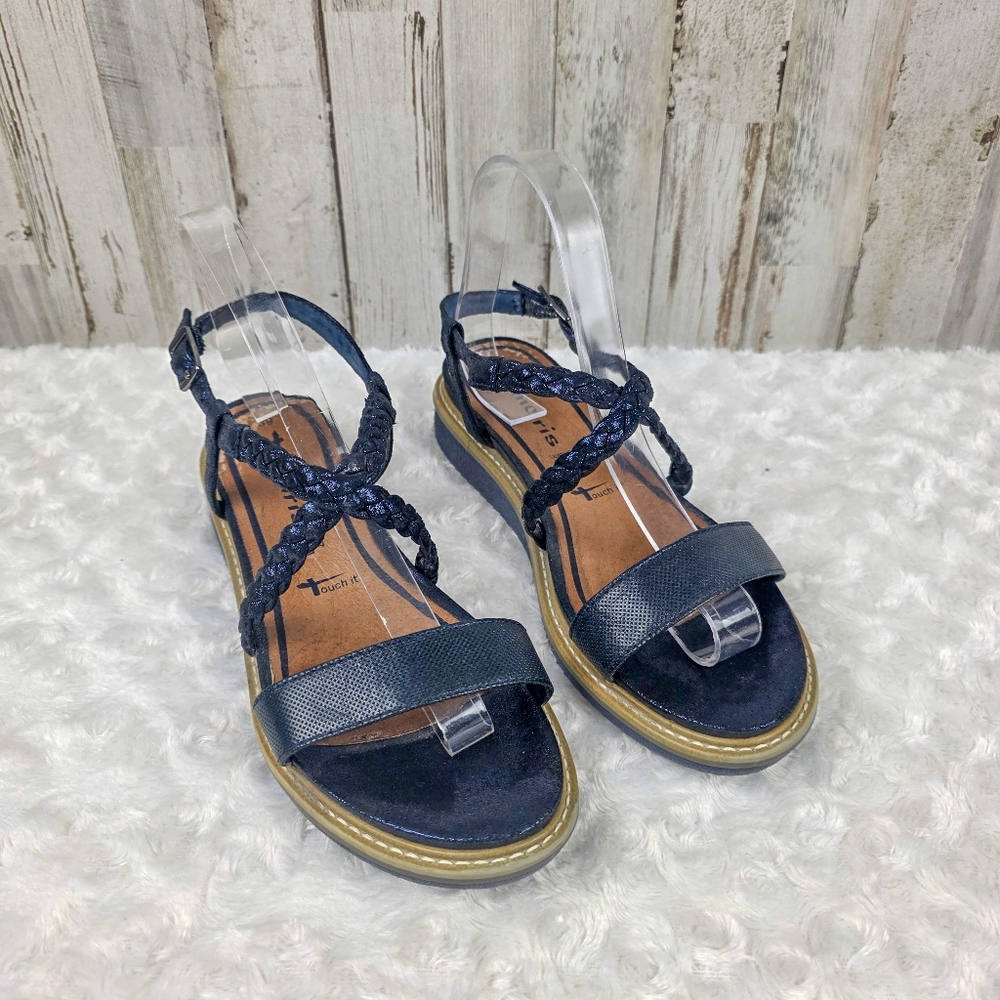 Tamaris Kara Platform Leather Sandals Navy Metallic Size US 8 Euro 39